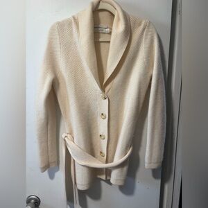 I. Magnin 2-Ply 100% Cashmere Button Down Cardigan Sweater Cream Tie Waist Sz L